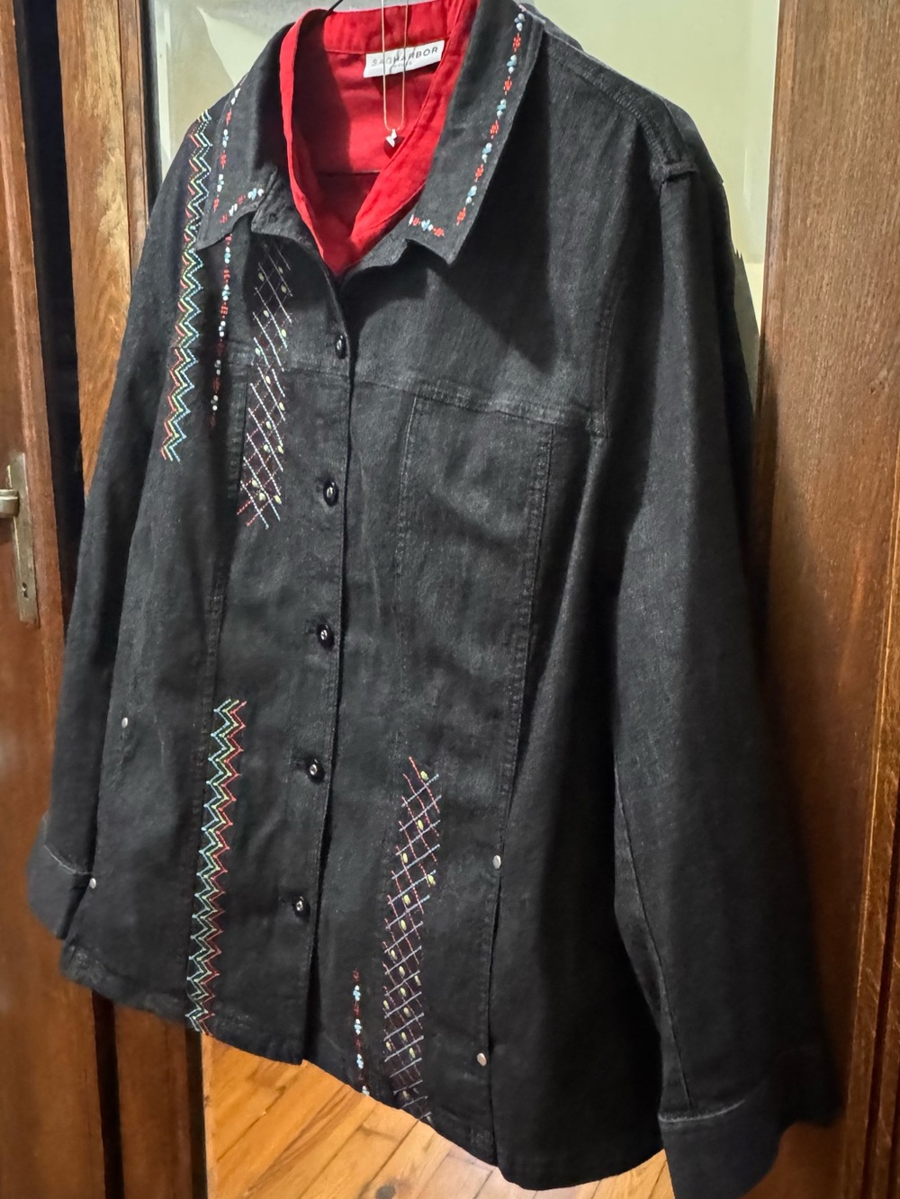 Allison Daley Black Button-Front Denim Jacket with Geometric Colorful Embroidery